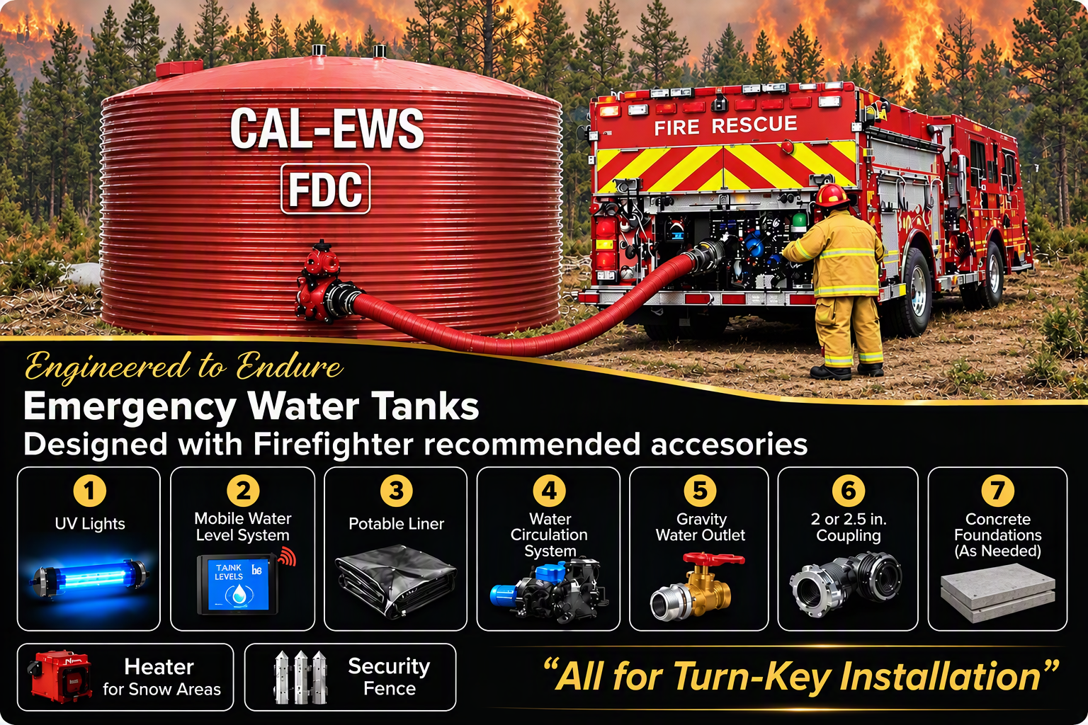 CAL-EWS red water tank with firefighter recommended accessories