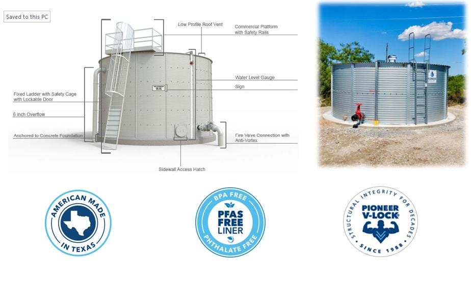Pioneer tank diagram with labeled components and certification badges