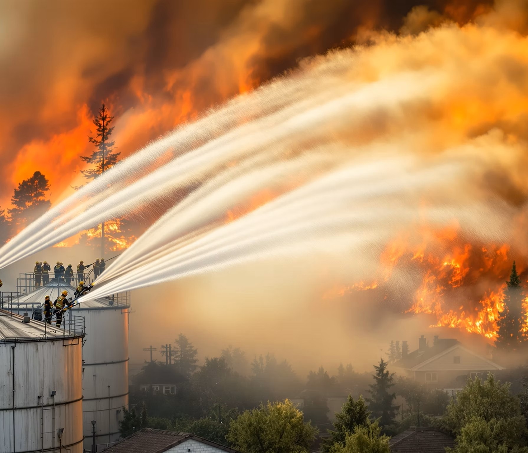 Coastal homes engulfed in wildfire flames at night