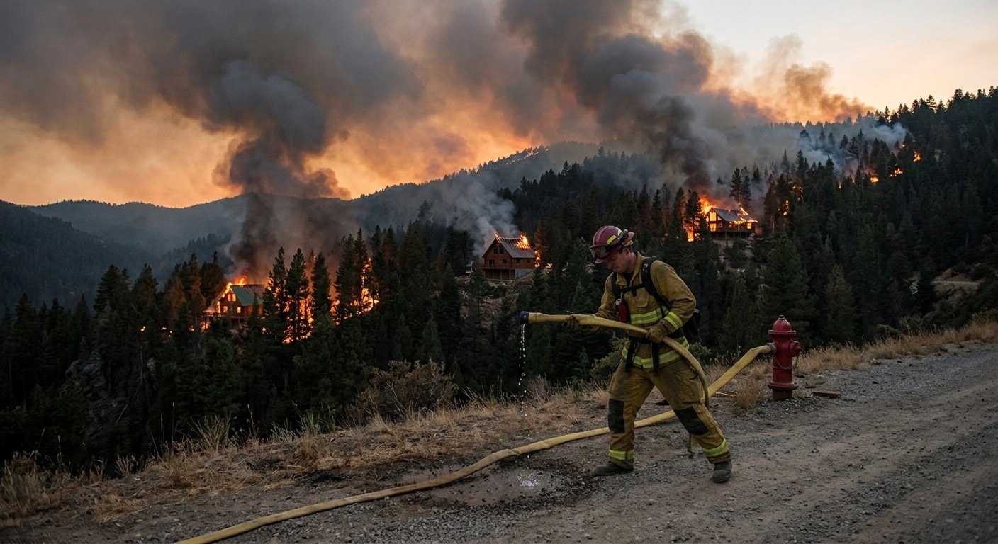 Firefighter pulling hose with homes burning in forested hillside behind